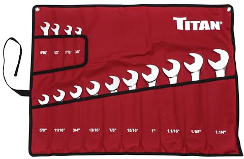 Titan 17283 14-Piece SAE Angle Head Open End Wrench Set, Sizes from 3/8 to 1-1/4, V-Groove Design, Chrome Vanadium Steel Construction