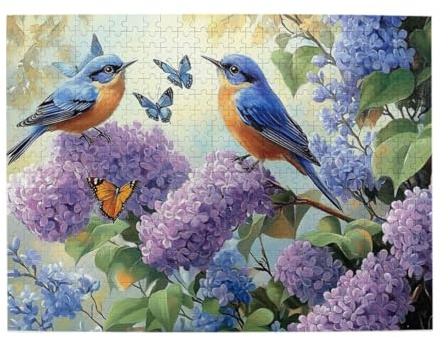 Cafemira Chic Wooden Jigsaw Puzzle 500 Pcs,Beautiful Spring,Lilacs,Butterflies,Blue Birds,Creative Activity Hobbies for Adults,Relieve Stress Enjoy The Fun of Solving,Challenging Brain Exercise