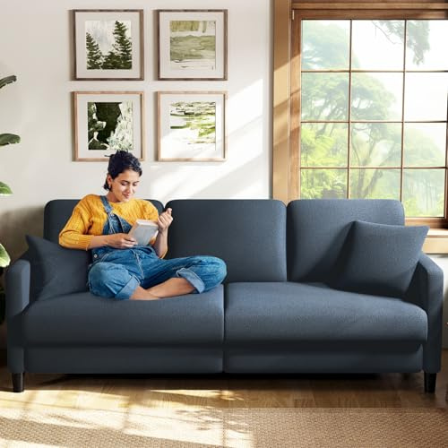 Welzona 3 Seater Sofas, 211CM Sofa 3 Seater, Teddy Fleece Loveseat Couch with 53cm Deep Seat, Tool-Free Setup Couches for Living Room, Modern Couch 385kg Capacity, 2 Pillow Included, Blue Grey
