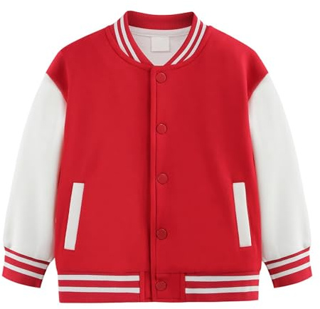 Giacca da baseball per bambini, stile Varsity, a blocchi di colore, per ragazzi e ragazze, colletto alla coreana, a maniche lunghe, abbigliamento sportivo, uniforme scolastica, per adolescenti, Rosso