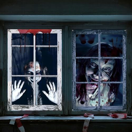 Shyllin Halloween Decorazioni Finestre, Spaventoso Striscione Halloween Decorazioni per Finestre Porte Casa Stregata, Tenda Porta Horror Fantasma per Addobbi di Halloween-120x80cm (Fantasma)