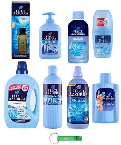 Felce Azzurra Set Profumato Classico Detersivo - Profumo per bucato - Ammorbidente - Deodorante - Sapone - Gel Doccia - Talco 8 Articoli della stessa fragranza + Beni Culinari Portachiavi Gratis