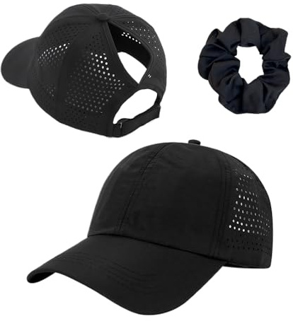 XFSRG Basecap Damen Sommer Kappe Mit Pferdeschwanz Öffnung Atmungsaktive Leichte Baseball Cap Verstellbare Cap Für Sport Und Freizeit (DE/NL/SE/PL, Alpha JASPO, Einheitsgröße, Schwarz)