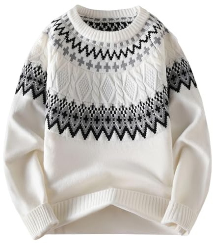 Herren Norweger Pullover mit Jacquard-Muster - Klassischer Strickpullover mit Rundhalsausschnitt | Warmer Winterpullover für Herbst und Freizeit