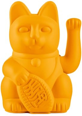 DONKEY Lucky Cat Deep Yellow - einfarbige Winkekatze, Glücksbringer Figur aus Kunststoff – Maneki Neko in Senfgelb – Design-Deko mit Bedeutung – ca. 15 cm – Symbol für Freude & Gute Laune