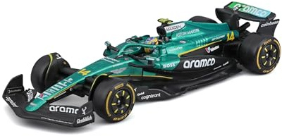 Bburago - Aston Martin AMR25 Formula 1 2025#14 Alonso, Diecast-modellbil i skala 1:43 med hjälm och vitrin, officiell F1-replika, realistiska detaljer, rekommenderad ålder 14+ år