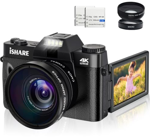 Fotocamera digitale 4K per fotografia, zoom digitale 16x, fotocamere da 48 MP per YouTube con WiFi, fotocamera Vlogging con obiettivo grandangolare e 2 batterie