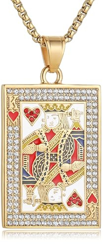 AsAlways Playing Card Necklace for Men Stainless Steel Hip Hop Gold Poker Card K Necklace Pendant Casino Bar Jewelry Gift