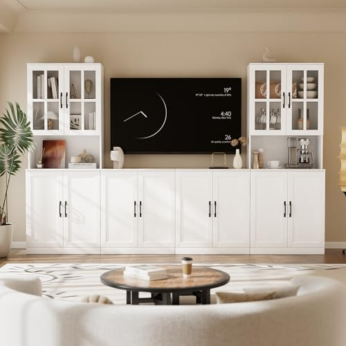 VOWNER Modularer 4PSC TV-Schrank, Fernsehschrank mit Glastüren & Bücherregalen für TV bis 50 Zoll, TV Ständer, Wohnzimmerschrank mit Kontrollfläche, 240 x 180 x 40 cm, weiß (4PCS)