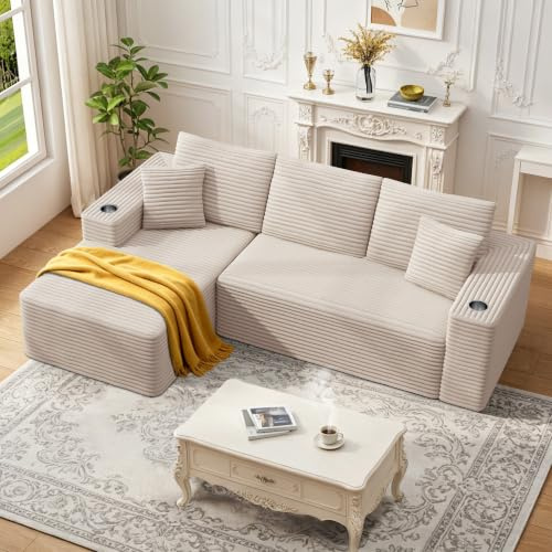 Scisola Modulares Cord Sofa 102/261cm L-förmiges rahmenloses Sofa mit Chaiselongue, Cloud Couch ohne Knochen mit 2 Getränkehaltern, Schaumstoff Sofas für Wohnzimmer, Beige