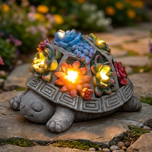 Hoikwo Statue Tortue Solaire avec 7 Lampes LED et Plante Succulente Incluse | Décoration Jardin Extérieur, Cadeau Anniversaire Et Fête Des Mères Pour Femme Maman Mamie, Pour Cour, Terrasse Et Balcon