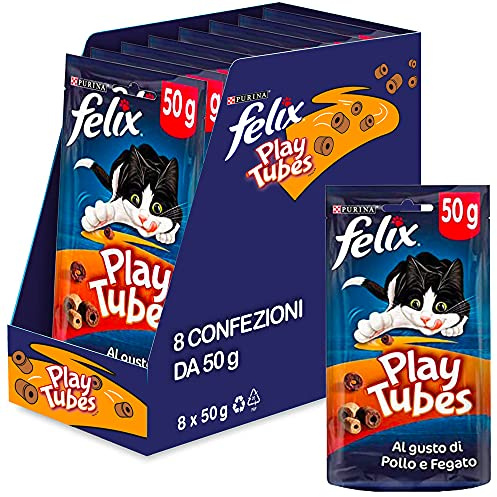 Purina Felix Play Tubes, Snack, Premio para Gato con Pollo e Hígado, 8 Bolsas de 50g