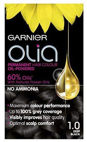 Juego de 3 tintes permanentes Garnier Olia, sin amoníaco para un aroma agradable, cobertura de hasta 100% gris, máximo rendimiento de color, 60% aceites, 1.0 negro profundo