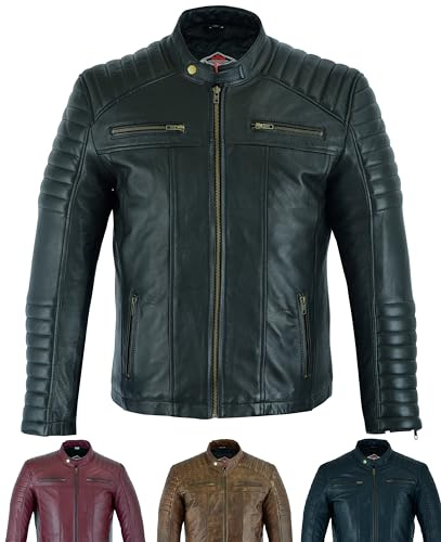 Texpeed Mens Casual Leather Jacket - Real Genuine Soft Touch Sheepskin Biker Motorcycle Style Leather Coat All Black - L