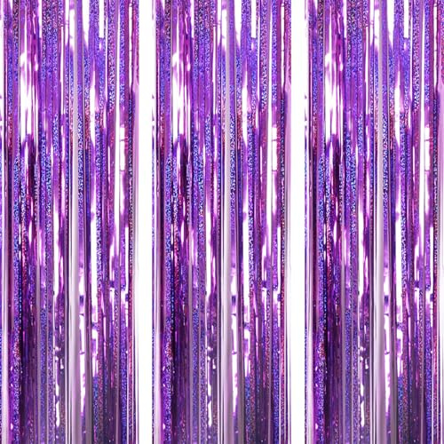 AILEXI 3er Pack Metallic Lametta Vorhänge Folie Fransen Schimmer Luftschlangen Vorhang Tür Fenster Dekoration für Geburtstag Hochzeitsfeier Lieferungen 3ft * 8ft - Laser-Purpur