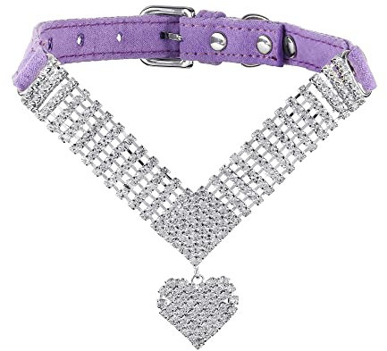 Filhome Personalisiertes Katzenhalsband mit Namen und Telefonnummer, Verstellbar Kristall Halsband für Kätzchen mit Herz Anhänger 28-35 cm (Violett)
