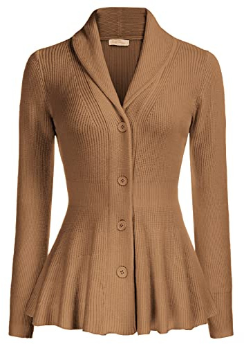 Belle Poque Cardigan for Women Long Sleeves Peplum Hem Shawl Lapel Retro Chunky Sweater Khaki XL