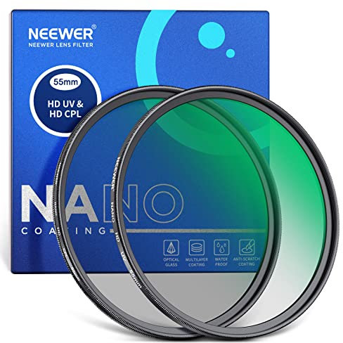NEEWER Kit di Filtri per Obiettivo CPL UV da 55mm, Set di Filtri Polarizzatore Circolare/Protezione UV, Vetro Ottico HD e 30 Strati di Nano Rivestimenti a Doppio Lato/Telaio Ultra Sottile in Alluminio