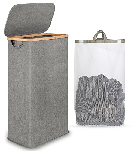 iEGrow Wäschekorb mit Deckel 65L, Wäschekorb Schmal mit herausnehmbarer und waschbarer Innentasche, Wäschesammler Bambus, faltbare Wäschekörbe für Waschküche, Schlafzimmer, Badezimmer (grau)
