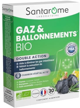 Santarome - Gaz & Ballonnements Bio – Charbon végétal actif – Aide à éliminer les gaz intestinaux et réduire les ballonnements – Plantes & bourgeons bio – 30 gélules – Fabriqué en France