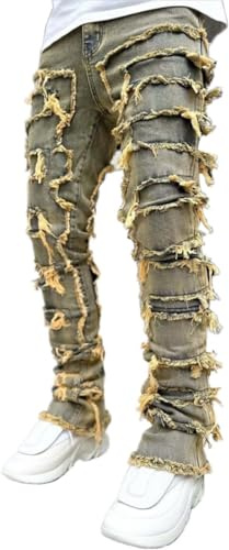 Vagbalena Hommes empilés Jeans Stretch Patch Denim Pantalon Droit Taille élastique Version Droite Pantalon Denim épissé Gland déchiré Jeans modèles pour Hommes (Couleur 4,M)