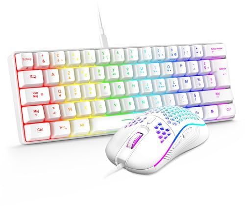 RedThunder 60% Set di tastiera e mouse 2 in 1 Gamer, AZERTY FRANCESE, Mini tastiera ultra-compatta retroilluminata RGB 62 tasti, mouse leggero 6 pulsanti 7200 DPI per PC Mac PS5 Xbox (bianco)