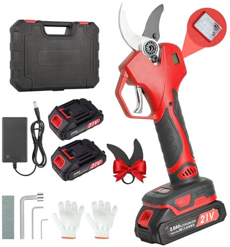 Forbici Potatura Elettriche Professionali, Apertura Lama 40mm, 2 Batterie 2000mAh, Motore Brushless, Display Digitale, Lame Intercambiabili, Ideale per Giardinaggio e Professionale-Rosso