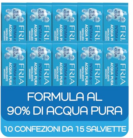 Fria Intime Reines Wasser Hygiene-Tücher, gynäkologisch getestet und hautfreundlich, biologisch abbaubar, weichmachende Wirkung, 10 Packungen mit je 15 Tüchern