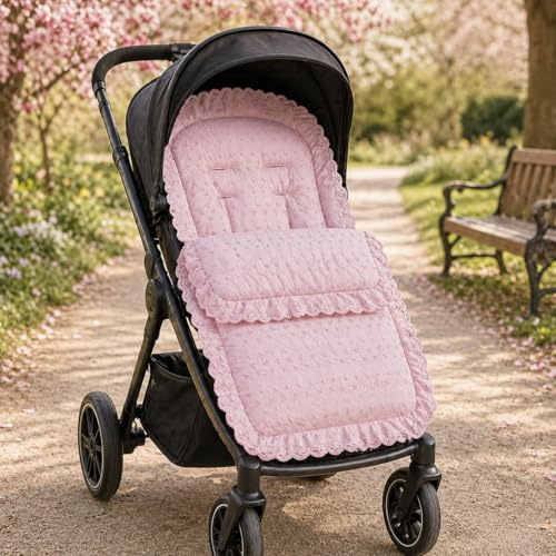 FYLO Universal Broderie Anglaise Pushchair Footmuff – Soft Cosy Toes Liner for Prams, Strollers & Buggies – Padded for Comfort, Machine Washable – Elegant Lace Trim – Fits All Models (Pink)