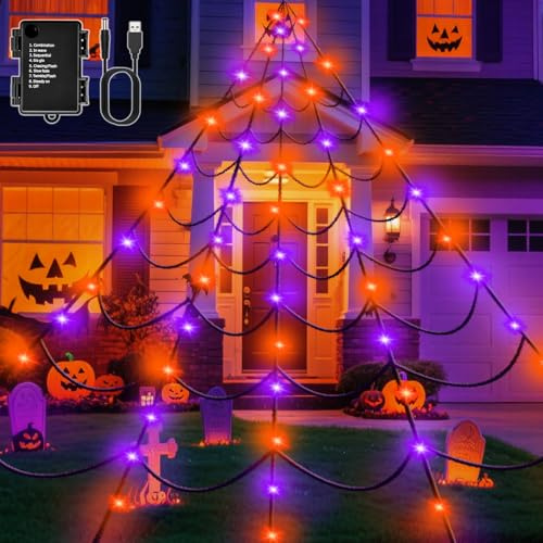 Dalugo Halloween Spinnennetz Schwarz, 6 * 5m Groß Dreiecke Halloween Deko Lichterkette, 8 Modi Orange Lila Lichterkette Batterie mit Timer für Horror Außen Party Garten Deko