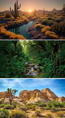 JinFeizuo 3 Pack Terrarium Background 48x24 inches Fabric Terrarium Reptile Background Stream Gobi Cactus Green Leaves Jungle Forest Desert Fern Terrarium Background