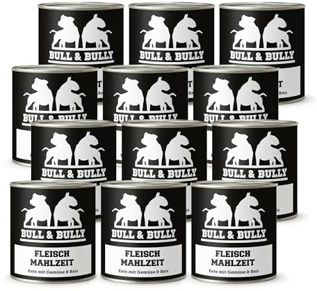 Hundefutter Nass 800g 12x Fleischmahlzeit Ente mit Gemüse & Reis | Tierärzten entwickeltes Hunde Nassfutter Premium Wet Dog Food mit 91% Fleischanteil für aktive Hunde von BULL & BULLY