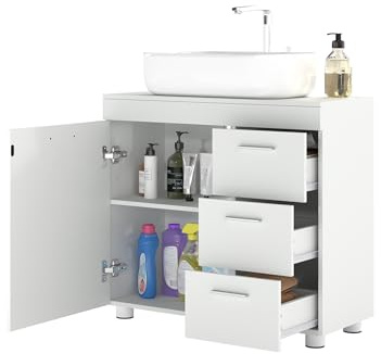 Amveya Mueble de baño con cajones 70x30x64cm Mueble bajo Lavabo Armario baño 3 cajones 2 estantes Apertura U Lavabo Mueble Estrecho Suelo para baño secundario Mueble baño Blanco pies elevados 70cm