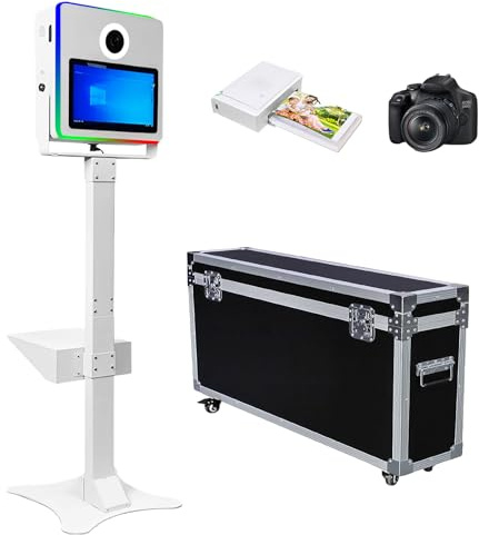 Cabine photo portable avec écran tactile de 15,6, appareil photo reflex numérique avec étui de transport pour fête de mariage, location de mariage (blanc, ensemble complet)