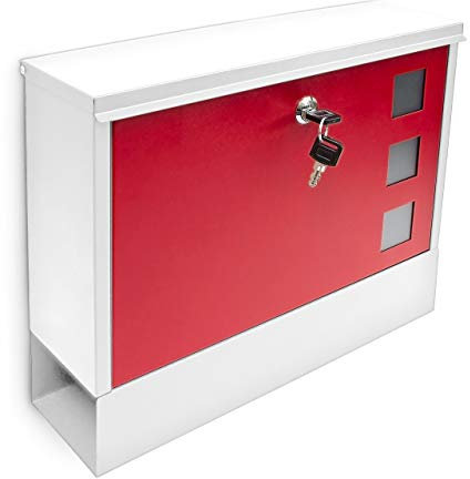 Relaxdays Cassetta della Posta con Scomparto Porta Giornali, Porta Lettere e Riviste, 30x36x10 cm, Metallo, Bianco Rosso