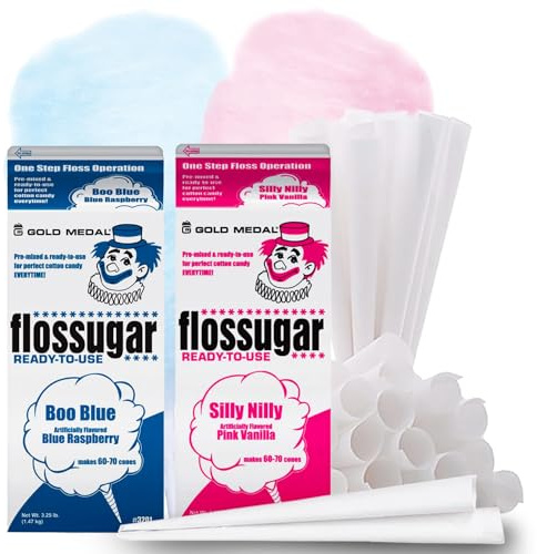 Blue Raspberry & Pink Vanilla Cotton Candy Floss (Two 3.25 lbs Containers w/100 Cones)