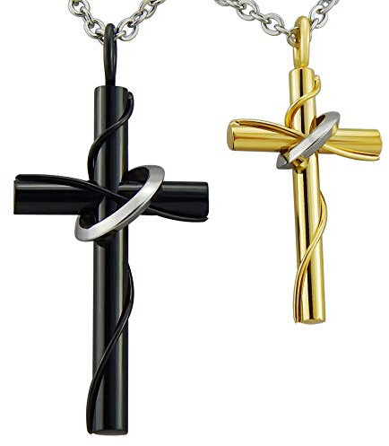 Hanessa Schmuck für Herren und Damen silberne Partner-ketten mit Kreuz-Anhänger in Gold/Schwarz Edelstahl Ring Geschenk zu Weihnachten für Ehe-Mann/Ehe-Frau/Freund/Freundin