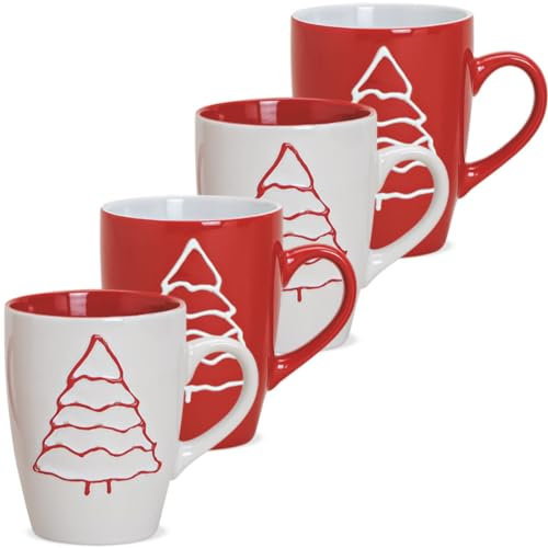Lot de 4 tasses à café en céramique - Motif arbre de Noël - Rouge et blanc - Décoration classique - 10 cm - Passe au lave-vaisselle et au micro-ondes