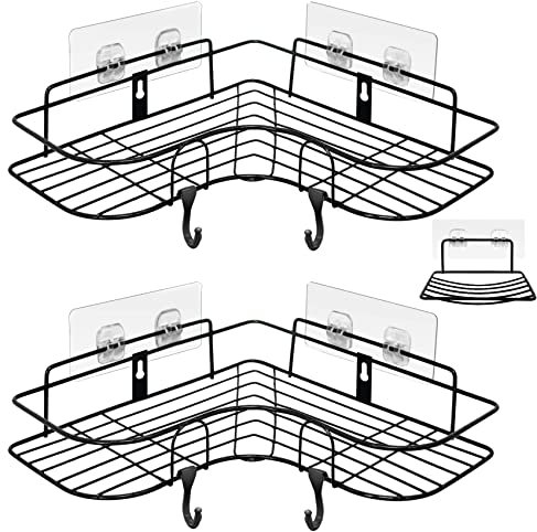 ADORAMOUR Juego de Estantes para Ducha de Esquina - 2 Unidades Organizador de Baño con Porta Jabón, Estante de Almacenamiento con Adhesivo para Productos de Baño, Porta Champú, Negro