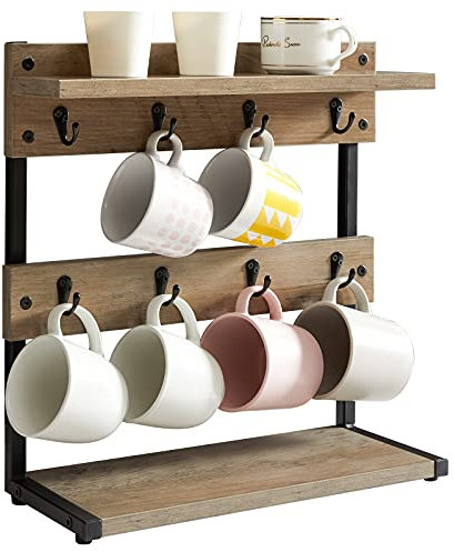 IBUYKE Vintage Tassenhalter mit 8 Haken, Kaffeetasse Halter für Küchentheke, Bechergestell mit Aufbewahrungsboden, für Küche Esszimmer Café 40 x 15 x 40 cm, Greige TBJ002Y