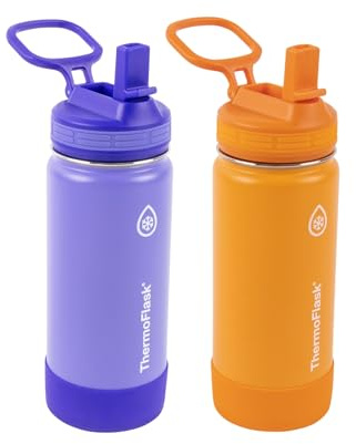 ThermoFlask Kids 16 oz Insulated Water Bottles with Straw Lid BPA-Free Stainless Steel Leakproof & Spill-Proof Design Easy Clean Wide Mouth 2-Pack for School, Sports, Playdates, Purple/Orange