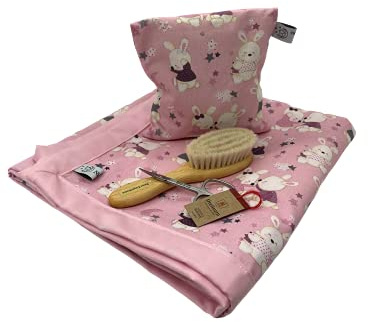 Baby Care Set: Grape Seed Pillow with Interchangeable Cover, Three Tower Baby Nail Scissors, Goat Hair Brush and Cotton Blanket 100 x 70 cm (Pink Bunny)