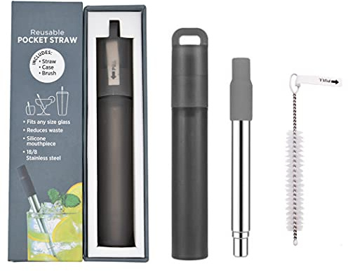 Hoshen, cannuccia telescopica riutilizzabile in acciaio inossidabile, cannuccia portatile, con ugello in silicone e spazzolino di pulizia (scatola originale), grigio, 1 pezzo