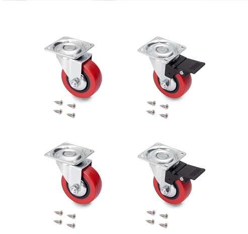 Emuca - Rollen-Kit Red mit montierter Platte, Rote Räder Ø50mm, 2 Rollen mit Bremse und 2 Rollen ohne Bremse, Stahl und Kunststoff