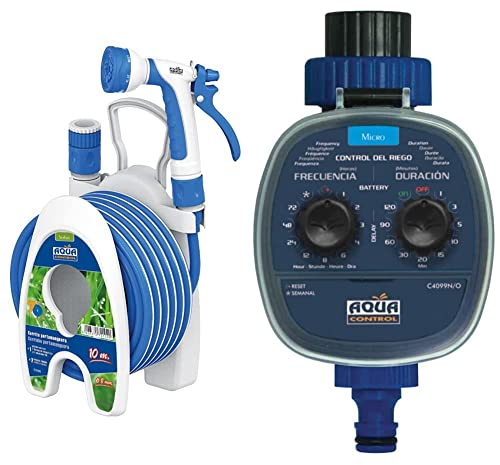 Aqua Control C2102 Set De Riego Para Patios Y Terrazas, Manguera + Carrito Portamanguera, Azul + C4099O Programador De Riego Para Jardín, Para Todo Tipo De Grifos, Apertura A 0 Bar. Antiguo C4099N