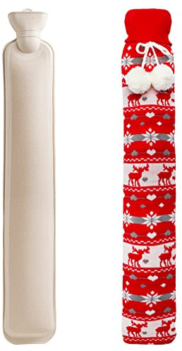 Extra Long Hot Water Bottle with Cover UK, 2L Hot Water Bottle Pouch for Body Waist Neck Back Shoulder Hand, 72cm Full Length Large Fluffy Hot Water Bag for Girls, Men, Adults (Christmas Red Kniting)