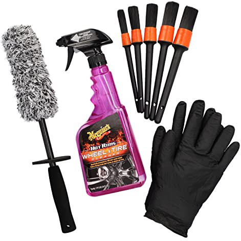 carparts.koeln FelgenSet Meguiars Hot Rims All Wheel Felgen Reiniger + ProfiPolish Felgenbürste + 5 STK.Reinigungspinsel + 2 Paar Nitril Handschuhe