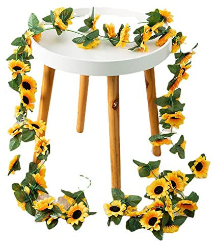 Yurosiay 1 Stück 2.5m Künstliche Sonnenblumen Girlande Seide Sonnenblumen Simulation Sonnenblumenrebe Mit Grünen Blättern Künstliche Blumengirlande Hängende für Party Haus Garten Deko