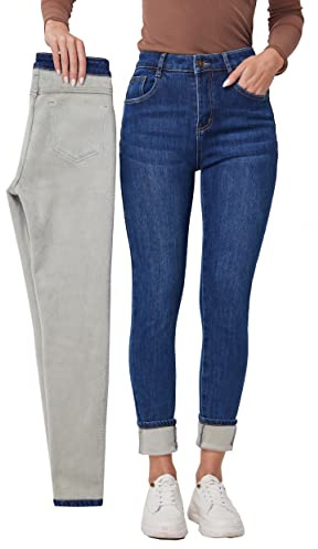 Fakanhui - Jeans da donna foderati in pile, jeans invernali foderati in flanella, jeans termici in denim caldi, S