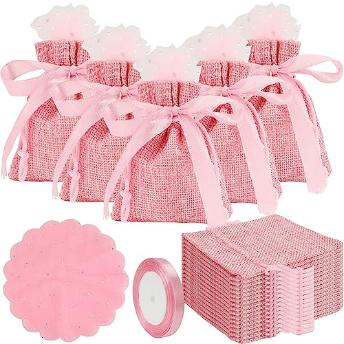 EKOCEV Kleine Jutesäckchen 30 Stück Rosa Jute Geschenktüten mit Kordelzug, klein Sackleinen Taschen mit Organza und Dekoband, Jute Schmuckbeutel für Party Weihnachten und Hochzeit